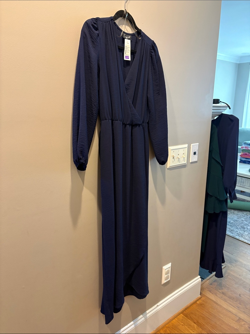 connected apparel Navy Long-Sleeve Wrap Maxi Dress